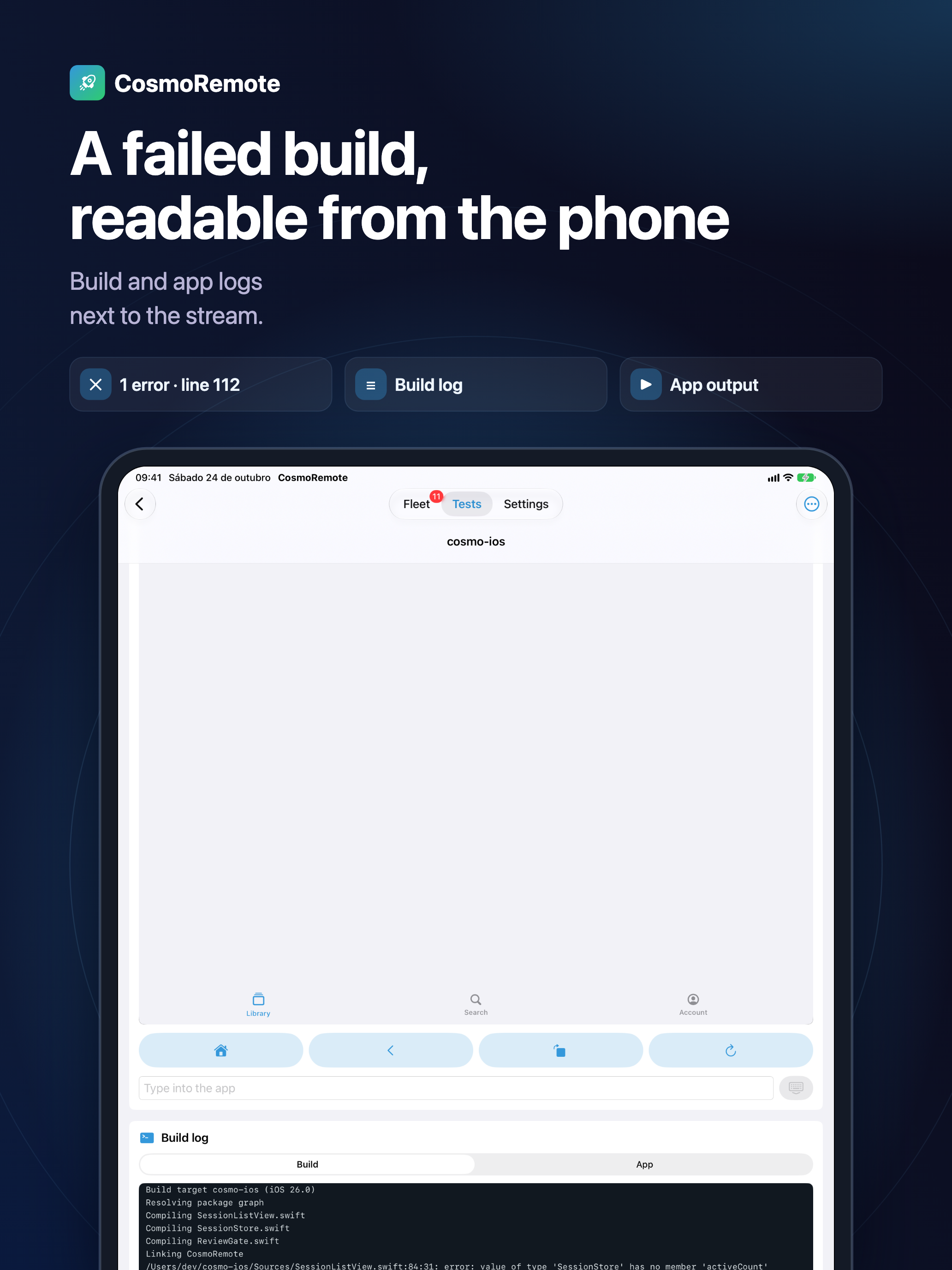 A failed build, readable from the phone