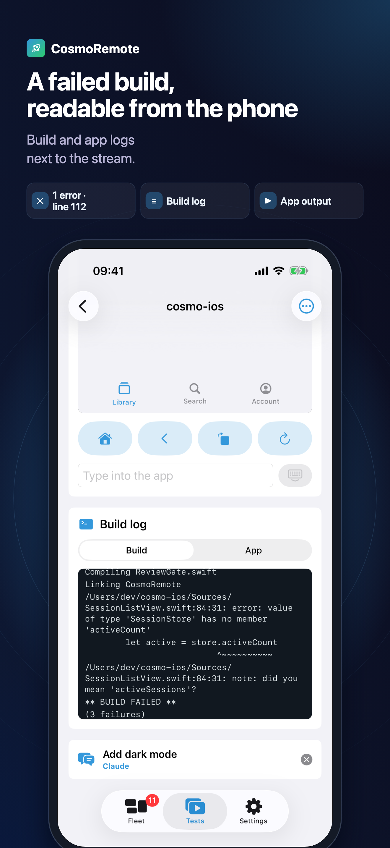 A failed build, readable from the phone